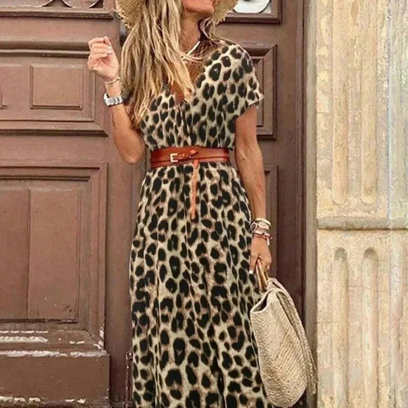 Chocolate Brown Casual Women's Leopard Print Deep V BatwingSleeve Dress - Picture 3 of 5